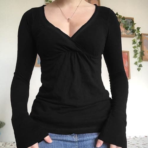 Women Fairy Grunge Aesthetic Shirts Tops Long Sleeve V Neck Tops Girl Basic Slim Fit Blouse Streewear thumbnail 2