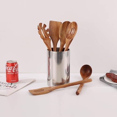 Acacia Wood Utensils Set - 6 Piece Handmade Wooden Spoons for Cooking, Natural Acacia Wood Kitchen Utensils for Non-stick Cookware, Turner, Serving Spoon, Slotted Spoon, Soup Ladle, Spaghetti thumbnail 2