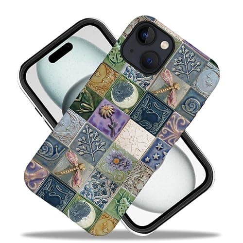 Piodaidy Compatible with iPhone 15,Durable & Shockproof Phone Case Cover Design - Tiles Pattern Moon Dragonfly Flower thumbnail 2