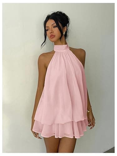 Verdusa Women's Chiffon Halter Drop Waist Wedding Guest Dresses Ruffle Summer Loose Fit Mini Dress Brunch Outfits thumbnail 6