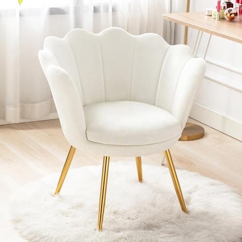 chairus Small Accent Chair for Living Room, Velvet Gold Cute Vanity Chair with Back for Makeup Room, Upholstered Shell Shaped Office Guest Modern Chair Arm Chair, Cream White - Image 1