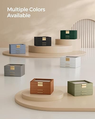 SONGMICS Jewelry Box Organizer, 3-Layer Storage with 2 Drawers, Glass Lid | Jewelry Organizer for Earrings, Modern Style, 8 x 9.1 x 5.3 Inches, Cloud White and Gold, GISELLA Collection UJBC239WT thumbnail 7