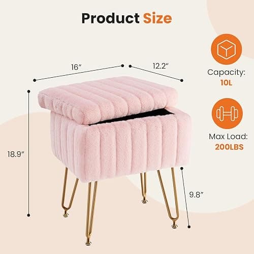 Sweetcrispy Vanity Stool Chair with Storage, 18.9”H x 16”L x 12.2”W Ottoman Chair Faux Fur Soft Padded Makeup Footstools Seat with 4 Metal Legs Anti-Slip Adjustable Feet for Make Up, Pink thumbnail 2