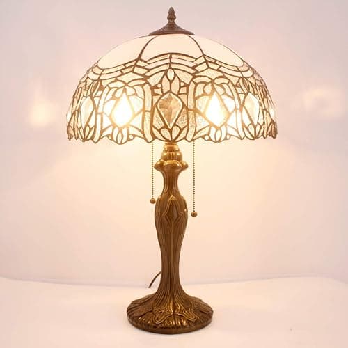 WERFACTORY Tiffany Style Table Lamp White Stained Glass Crystal Bedside Lamp 16X16X24 Inch Desk Reading Light Metal Base Decor Bedroom Living Room Home Office S508W Series thumbnail 5