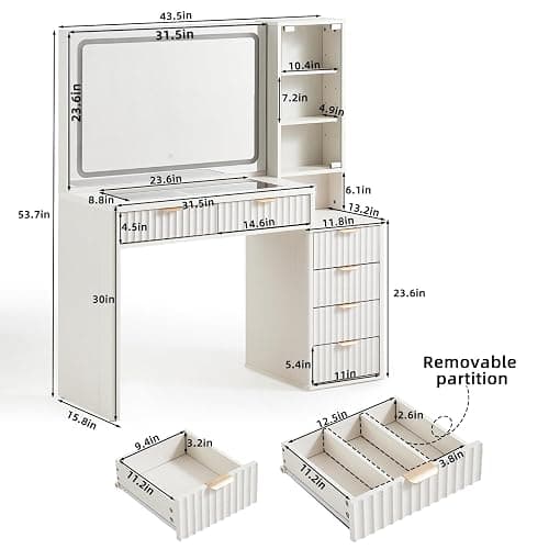 LEYAOYAO Vanity Desk with Mirror and Lights, 43.5'' Fluted Makeup Vanity with 6 Drawers and Adjustable Shelves, Wood TC Make Up Vanity Dressing Table with Glass Top and Power Outlet for Bedroom thumbnail 4