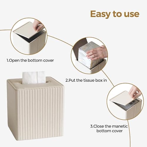 KALEKAIL PU Leather Tissue Box Cover, Square Tissue Box Holder with Magnetic Closure, Modern Cube Tissue Covers Tissue Holders for Bathrooms, Ivory White thumbnail 6