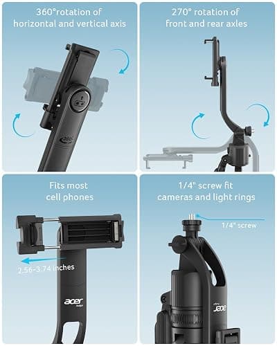 acer Auto Face Tracking Tripod for iPhone/Cell Phone/Android/Camera with Light and Remote, 64", No App, 360°Rotating Tripod Selfie Stick for Tiktok YouTube Vlog Live Streaming Video Recording thumbnail 8
