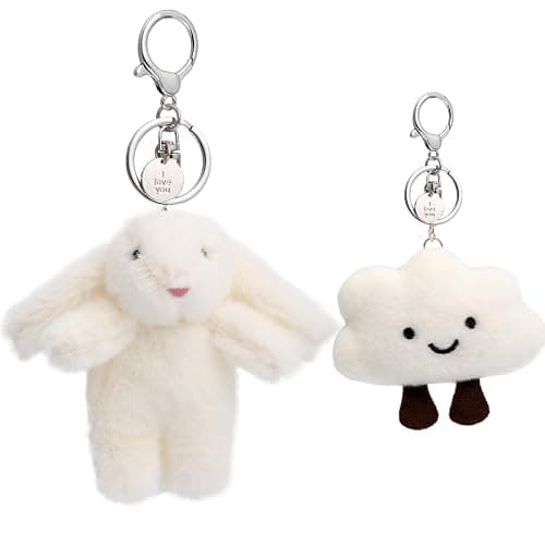 Cute Keychain Bunny Plush Rabbit Key Chain Kawaii Smiling Cloud Keychains for Women Girl, Bag Purse Backpack Charms (2PCS) - Image 1
