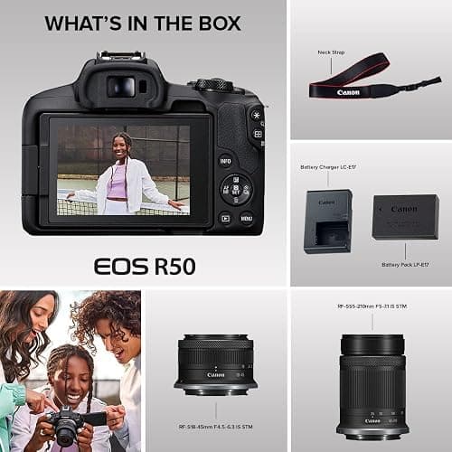 Canon EOS R50 Mirrorless Camera with RF-S18-45mm F4.5-6.3 is STM & RF-S55-210mm F5-7.1 is STM Lenses, 24.2 Megapixel CMOS (APS-C) Sensor, 4K Video, Content Creator Vlogging Camera, RF Mount, Black thumbnail 9