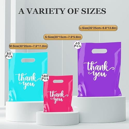 Odseciran 300 Pcs Thank You Bags for Small Business, 3 Size Plastic Mini Retail Merchandise Vendor Shopping Bag with Handle for Boutique Store, Wedding Party Goodie Bulk (Mixed color) thumbnail 4