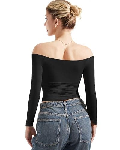 SUUKSESS Women Off Shoulder Double Lined Long Sleeve Shirts Basic Going Out Tops thumbnail 3