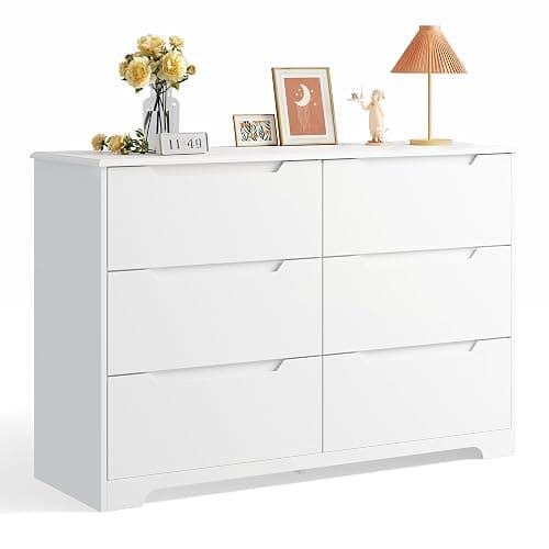 Gizoon 6 Drawer Double Dresser for Bedroom with Anti-Tip Design, White | Modern Wide Wooden Chest of Drawers with Cut-Out Handles, Closet Storage Organizer and TV Stand for Living Room, Hallway - Image 1