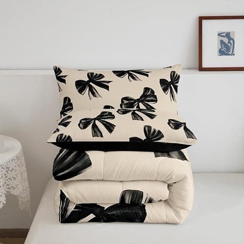 Erosebridal Bow Bedding Set Queen Black Bow Tie Bedding Comforter Sets for Kids Teen Adults Room Decor,Watercolor Bowknot Comforter Set Black White Simple Decor Bed Duvet Set thumbnail 6