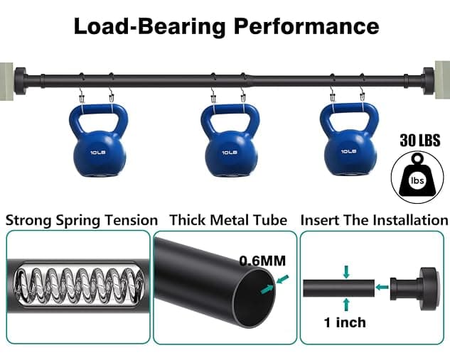 Black Shower Rod with 12 Hooks, 43-72 Inches, Rust Resistance, Adjustable Tension Rod with Durable Spring, No Drilling - Use For Bathroom, Bedroom, Home, Matte Black thumbnail 6