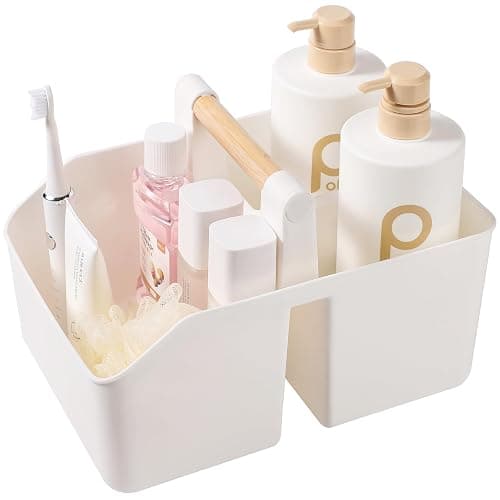 rejomiik Portable Shower Caddy Basket with Bamboo Handle, Plastic Cleaning Caddy Bathroom Organizer Tote for College Dorm Essentials, Bath Toy Storage, White - Image 1