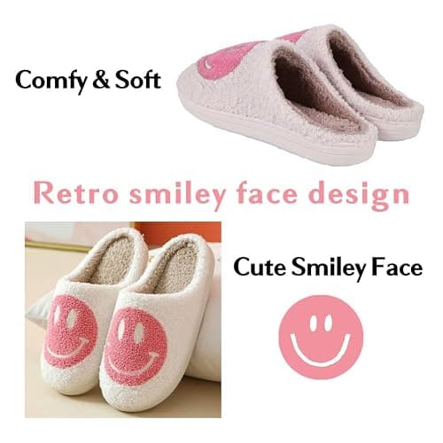 FACAXEDRE Smile Face Slippers for Women - Indoor Outdoor Retro Happy House Slides, Soft Fluffy Cushion Furry Shoes thumbnail 5