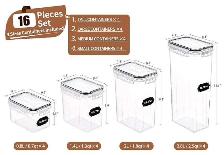 PRAKI Airtight Food Storage Container Set with Lids, 16 Pcs Plastic Dry Food Canisters for Kitchen Pantry Organizers and Storage, Ideal for Cereal, Flour & Sugar - Labels, Marker(Black) thumbnail 2