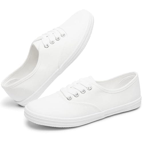 TUOPIN Womens White Canvas Sneakers Low Top Lace-up Canvas Shoes Lightweight Casual Tennis Shoes - Image 1