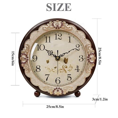 Justup Vintage Table Clock, Retro Non-Ticking European Style Beside Desk Clock Battery Operated Silent Quartz Movement for Bedroom Living Room Indoor Decor (Brown) thumbnail 3