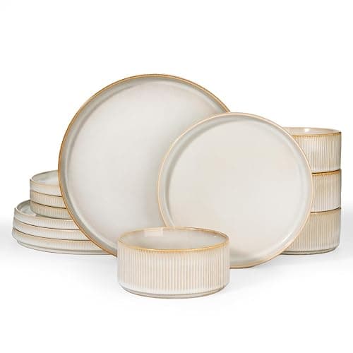 Richmount Star Dinnerware Sets, Plates and Bowls Set for 4, 12 Piece Dish Set, Ribbed, Cappuccino White - Image 1