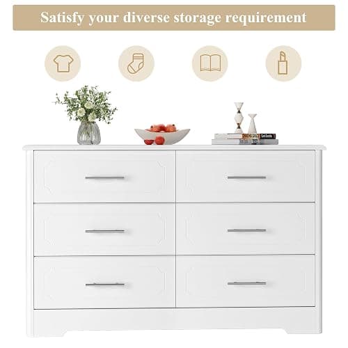 NEEEED THIS.    HOSTACK 6 Drawer Dresser, Modern White Double Dresser, Wide Chest of Drawers with Metal Handels, Accent Wood Storage Chest Organizers for Living Room, Hallway, Entryway (Trapezoid/White) thumbnail 9