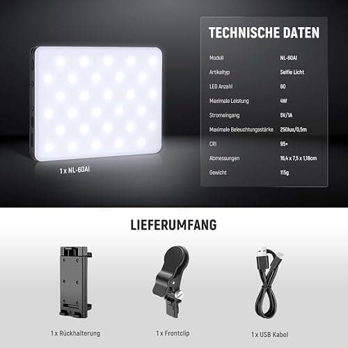 NEEWER Basic Clip On Selfie Licht kompatibel mit iPhone, 2000mAh wiederaufladbares LED Videolicht mit Handy Clamp für Computer Webcam, Laptop, Zoom Videokonferenzen, Make up Fotografie, NL-60AI thumbnail 9