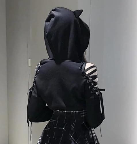 Dolpind Womens Cat Ear Hoodie Sweatshirt Long Sleeve Sweater Off Shoulder Cat Cute Crop Top Hoodies Pullover thumbnail 3