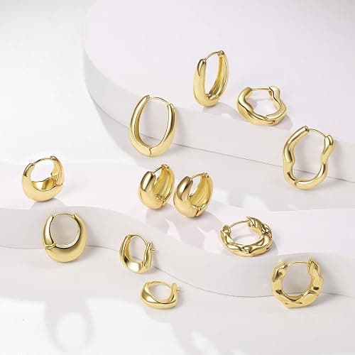 JeHwuel 6 Pairs Gold Hoop Earrings Set for Women, 14K Gold Plated Huggie Chunky Earring Variety Pack, Hypoallergenic Thick Jewelry Gift thumbnail 2