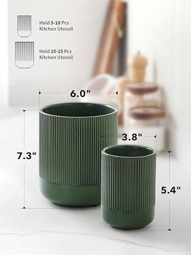 LE TAUCI Utensil Holder, 7.3"+5.4" Ceramic Kitchen Utensil Holder for Countertop, Large Cooking Utensil Crocks for Kitchen Counter, Modern Utensil Organizer for Spatula, Set of 2, Forest Green thumbnail 3