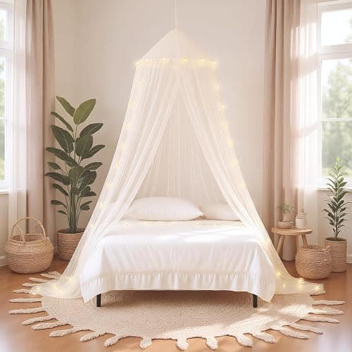 Large Bed Canopy, Bed Canopy w/LED Star Light for Girls, for Bed Size Full/Queen/King Mosquito Net Mosquito Mesh Mosquito Netting Canopy Bed Canopy, White thumbnail 5