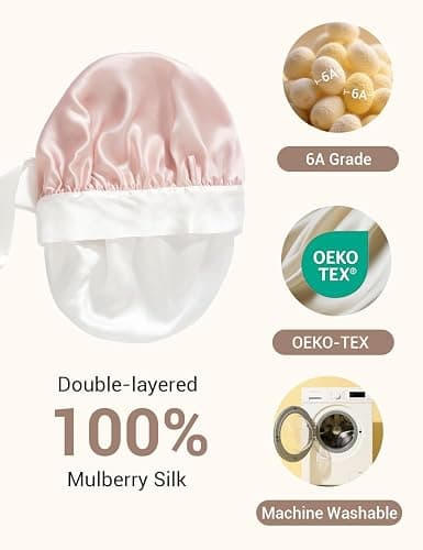 LaCourse Non-Slip 100% Mulberry Silk Bonnet for Sleeping Women Long Hair, Double-layered Silk Hair Wrap for Curly Hair, with Tie Bands to Secure the Cap (Pink+Ivory) thumbnail 2
