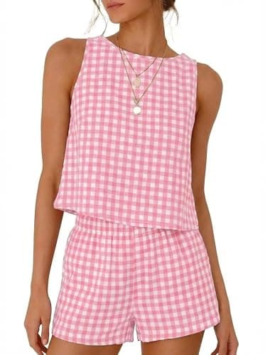 IDEALSANXUN Womens Two Piece Sets Summer Beach Spring Gingham Tank Tops and Plaid Shorts Pajama Sets - Image 1