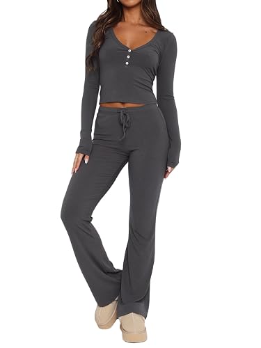 ForeFair Womens Knit Ribbed 2 Piece Pajama Set Long Sleeve Button Crop Top And Flare Long Pants Sleepwear PJ Set - Image 1