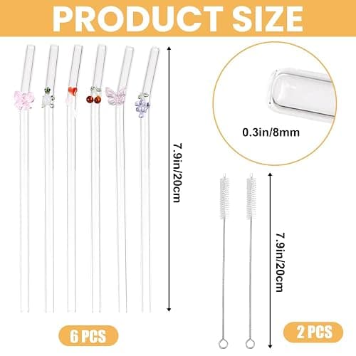 6 PCS Glass Straws Drinking, Reusable Glass Straw with 2 Cleaning Brush, Cute Bent Straws with Heart Butterfly Turtle Fruit Charms for Smoothies, Cocktails, Coffee, Juice thumbnail 3
