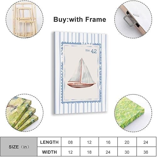 Blue Beach Stamp Set of 3 Canvas Poster Coastal Granddaughter Room Wall Art Decor Fisherman Preppy Aesthetic Prints Artwork for Girly Dorm Apartment Ocean Home Decoration 12x18inch Framed thumbnail 2
