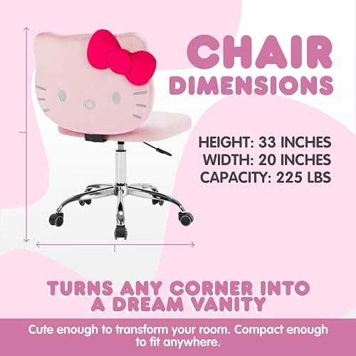 Impressions Vanity Hello Kitty® Kawaii Swivel Vanity Chair, Pink | Adjustable Height, Silver Base, 360° Spin, 5 Wheels, 20" Wide, 33" Tall, Armless Comfy Padded Desk Chair with Backrest thumbnail 2
