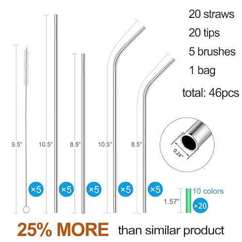 20 Pack Reusable Stainless Steel Metal Straws,10.5" & 8.5" Reusable Drinking Straws with 20 Silicone Tips 5 Straw Brushes 1 Travel Case,Eco Friendly Extra Long Metal Straw Fit for 20 24 30 oz Tumbler thumbnail 3