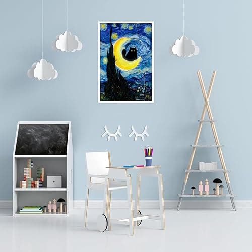 Funny Starry Night Cat Poster Cute Abstract Animal Canvas Wall Art Black Cat On The Moon Whimsical Aesthetic Prints Painting For Living Room Bedroom Gallery Wall Decor 12x16in Unframed thumbnail 3
