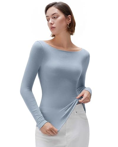 SUUKSESS Cloud Cashmere Women Boat Neck Fitted Long Sleeve Shirt Basic Knit Tops - Image 1