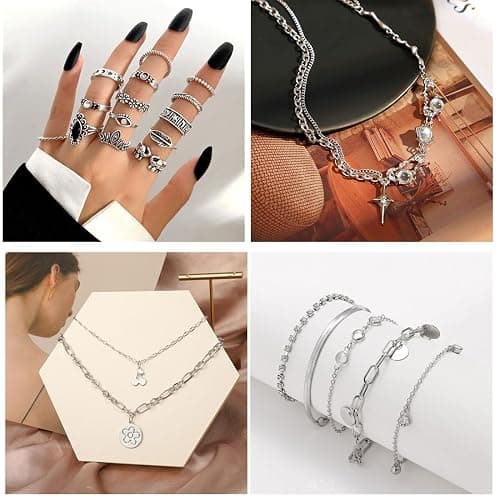 IFNODO 37pcs Silver Jewelry Set With 3 PCS Necklace, 14 PCS Bracelet, 7 PCS Ear Cuffs Earring, 6pcs Hoop Earrings,7pcs silver rings set For Women For Birthday Gifts thumbnail 2