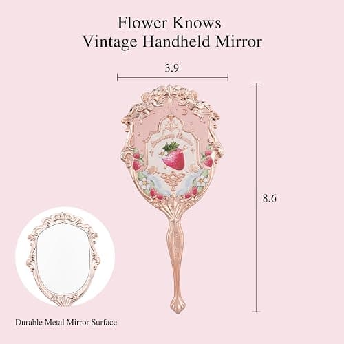 Flower Knows Strawberry Rococo Hand Mirror,Vintage Portable Handheld Mirror,Fancy & Pretty Princess Mirror with Long Handle,Gift for Girls(Soft Pink) thumbnail 3