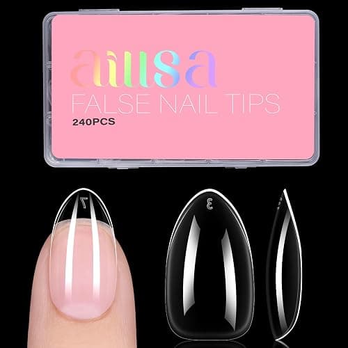 AILLSA Short Almond Nail Tips, 15 Sizes 240PCS Preshaped Soft Clear Gel Nails Tips Full Cover False Nails Tip Short Almond Shaped Tips - Image 1