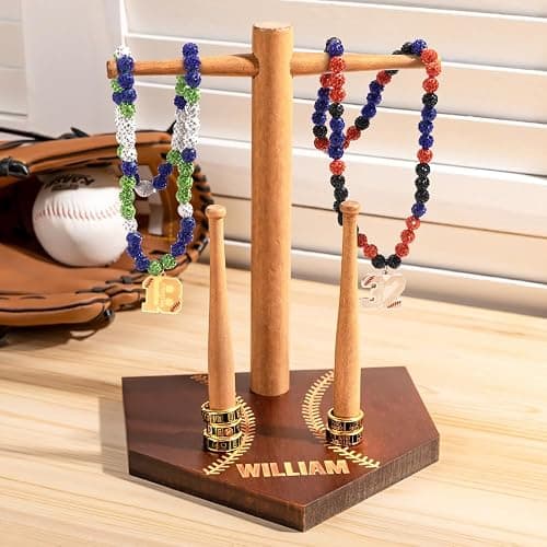 BYFDIY Custom Baseball Drip Display Wooden Personalized Name Number Championship Softball Ring Holder Display Sports Necklace Holder Organizer Baseball Jewelry Stand Birthday Gifts thumbnail 3