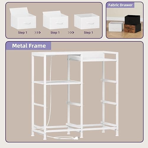 Somdot White Nightstand with Charging Station and LED Light, Wide 5 Drawers Dresser for Bedroom with Fabric Bins and Open Shelf for Bedroom Kids Closet Dorm Guest Room, White Leather thumbnail 7