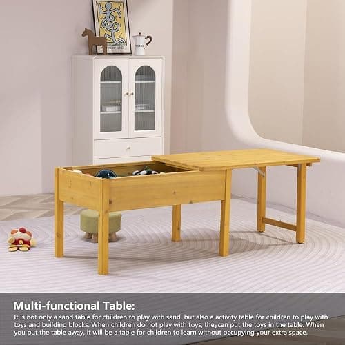 BIRASIL Wooden Kids Sensory Tables with Folding Lid, Activity Table for Children, Elevated Play Tables with Storage for Indoor Outdoor, Yellow thumbnail 6