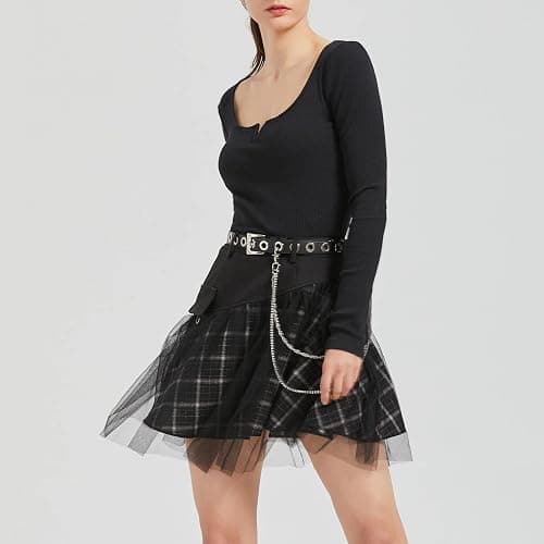PUNK RAVE DAILY Women Gothic Skirts Women Goth Mini Plaid Skirt with Tulle Punk Dunk High Waist A-Line Party Skirt thumbnail 6