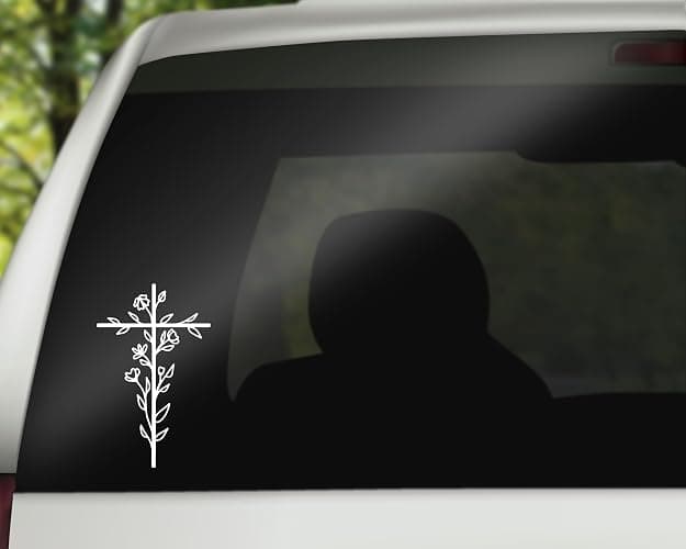 Cross Decal | Floral Cross Decal | Christian Religious Vinyl Sticker | Cross Car Decal Bumper Sticker Window Laptop Tumbler Decal | 4" x 6.5" Size White | Made in USA | DECALBUNNY thumbnail 2