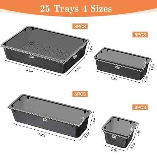 SpaceHacks 25 PCS Plastic Drawer Organizer Set, 4-Size Versatile Organizer Trays & storage Bins for Makeup, Jewelry, and Gadgets in Bathroom, Bedroom and Office,Clear Black thumbnail 3