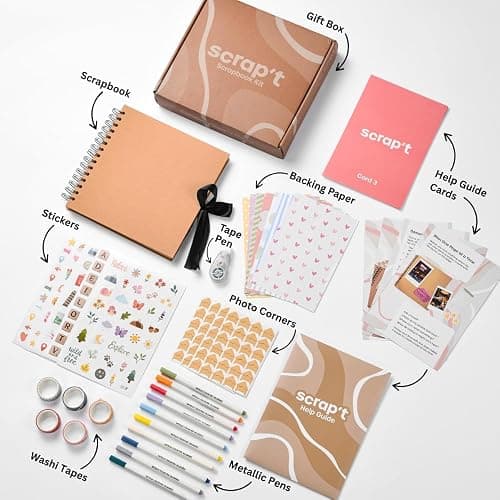 Scrapbook Kit - 80 Page Photo Album DIY Scrapbook - Holds 300+ Photos, with Metallic Pens, 150+ Stickers, Glue Pen, Washi Tapes, Backing Paper, Photo Corner Stickers (Starter Kit - 8 x 8 Inch, Kraft) thumbnail 3