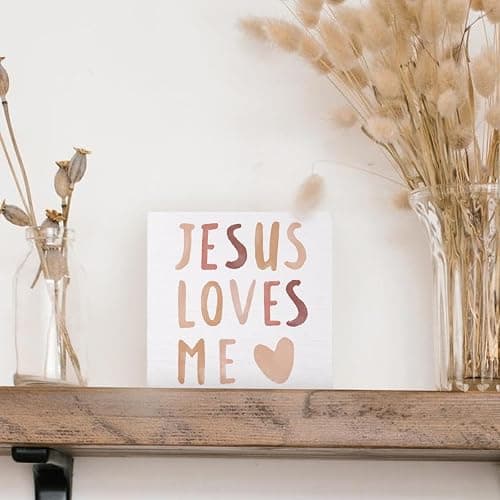 FLVGE Baby Girls Nursery Decor - Jesus Loves Me Christian Gifts Wood Sign Wall Art Decoration, Boho Neutral Bible Verse Kids Boys bookshelf Decorations, Toddler Girls Room Decor 5x5 thumbnail 5